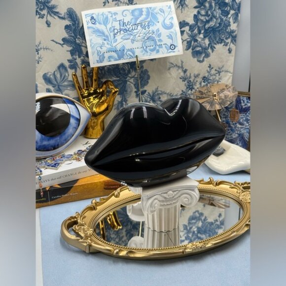 🆕 LULU GUINNESS 🧿 NWOT Black Medium Iconic Lips Perspex Clutch Bag - Picture 2 of 16